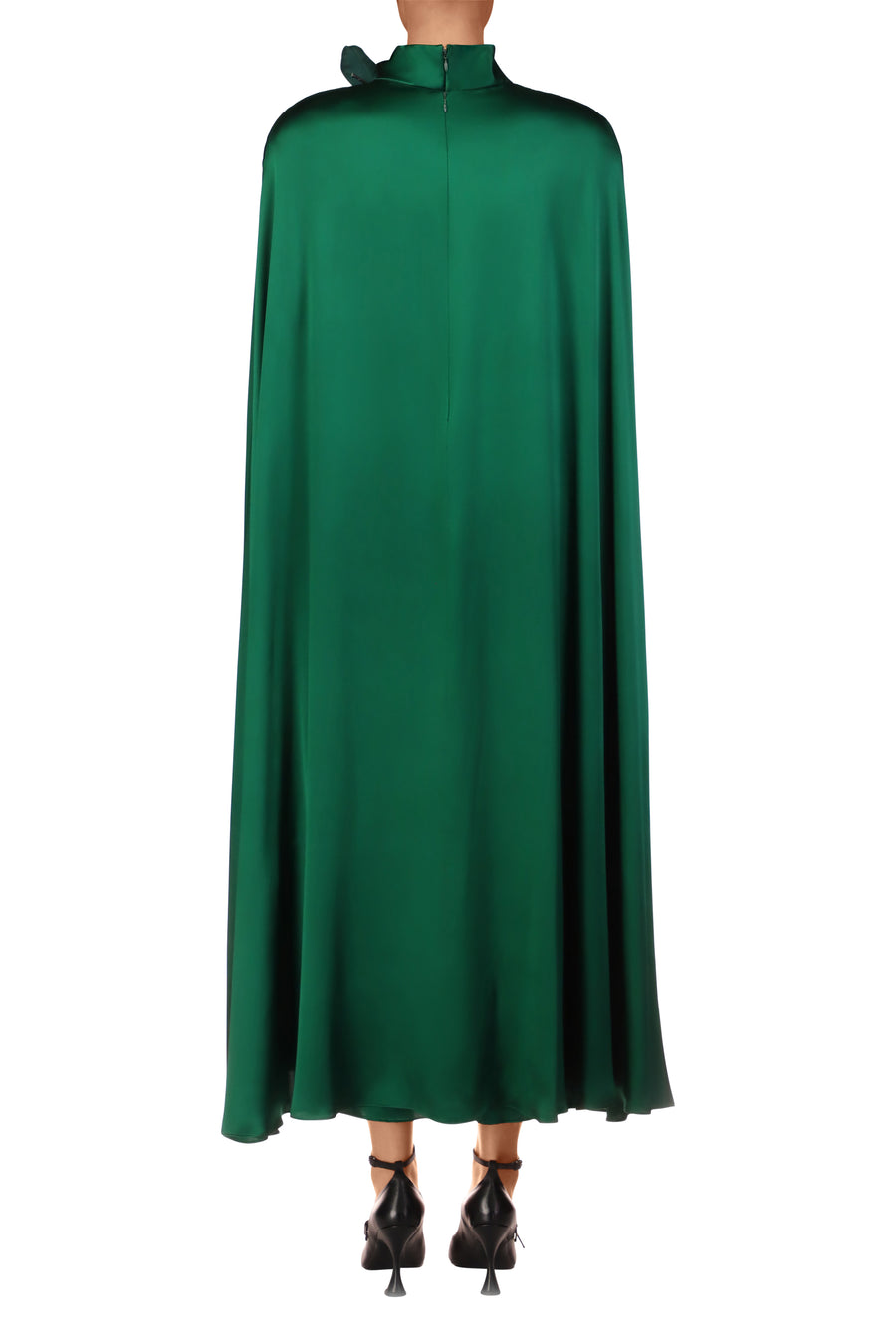 Green Silk Satin Cape Dress with Flower