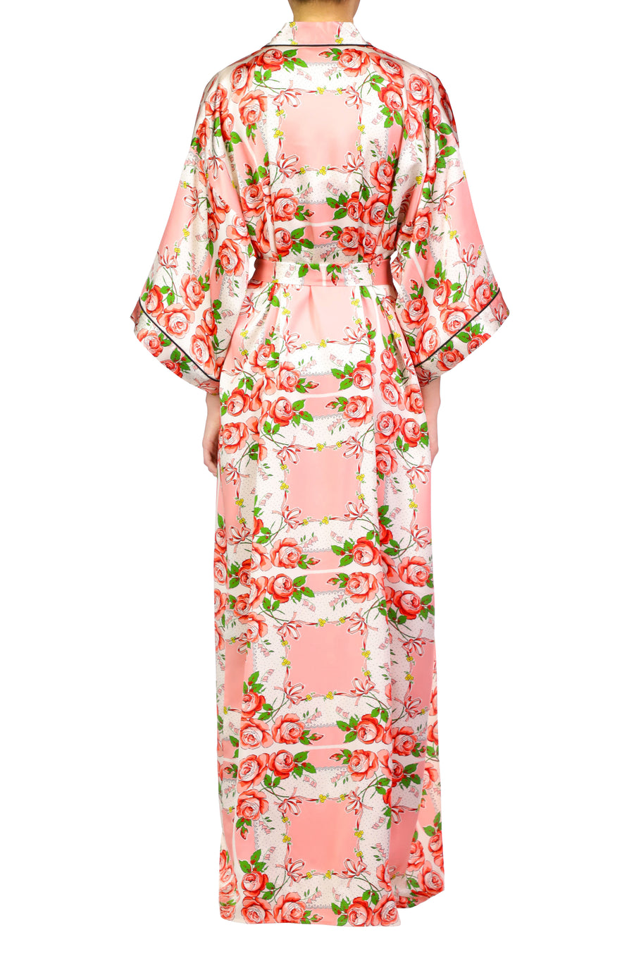 Pink Rose Printed Silk Satin Long Robe