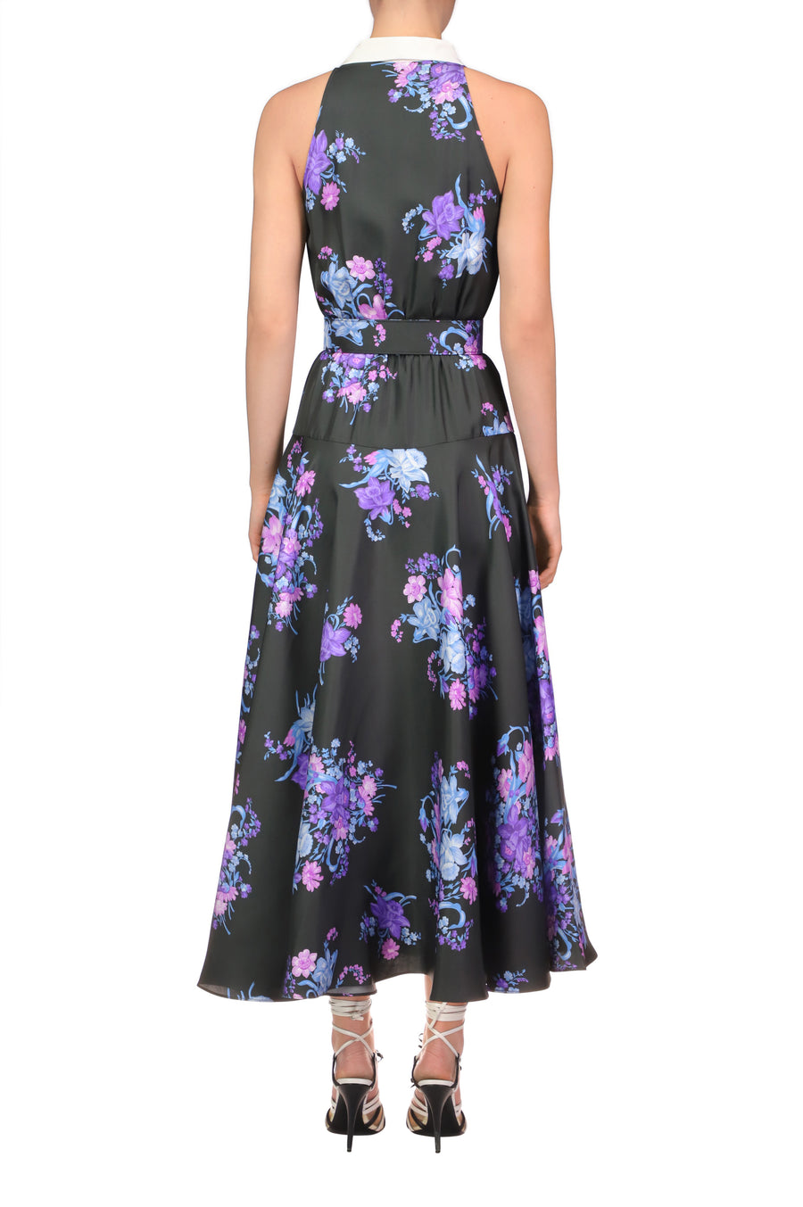 Floral Printed Silk Twill Collared Halter Dress With Belt Detail