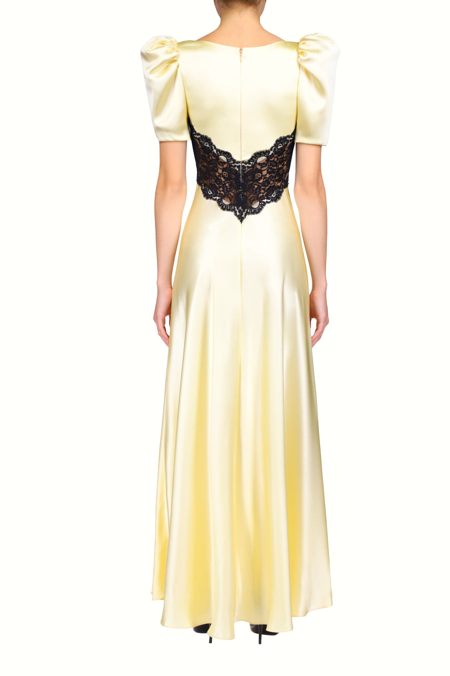 Yellow Silk Satin Bias Dress With Black Lace Bodice Detail