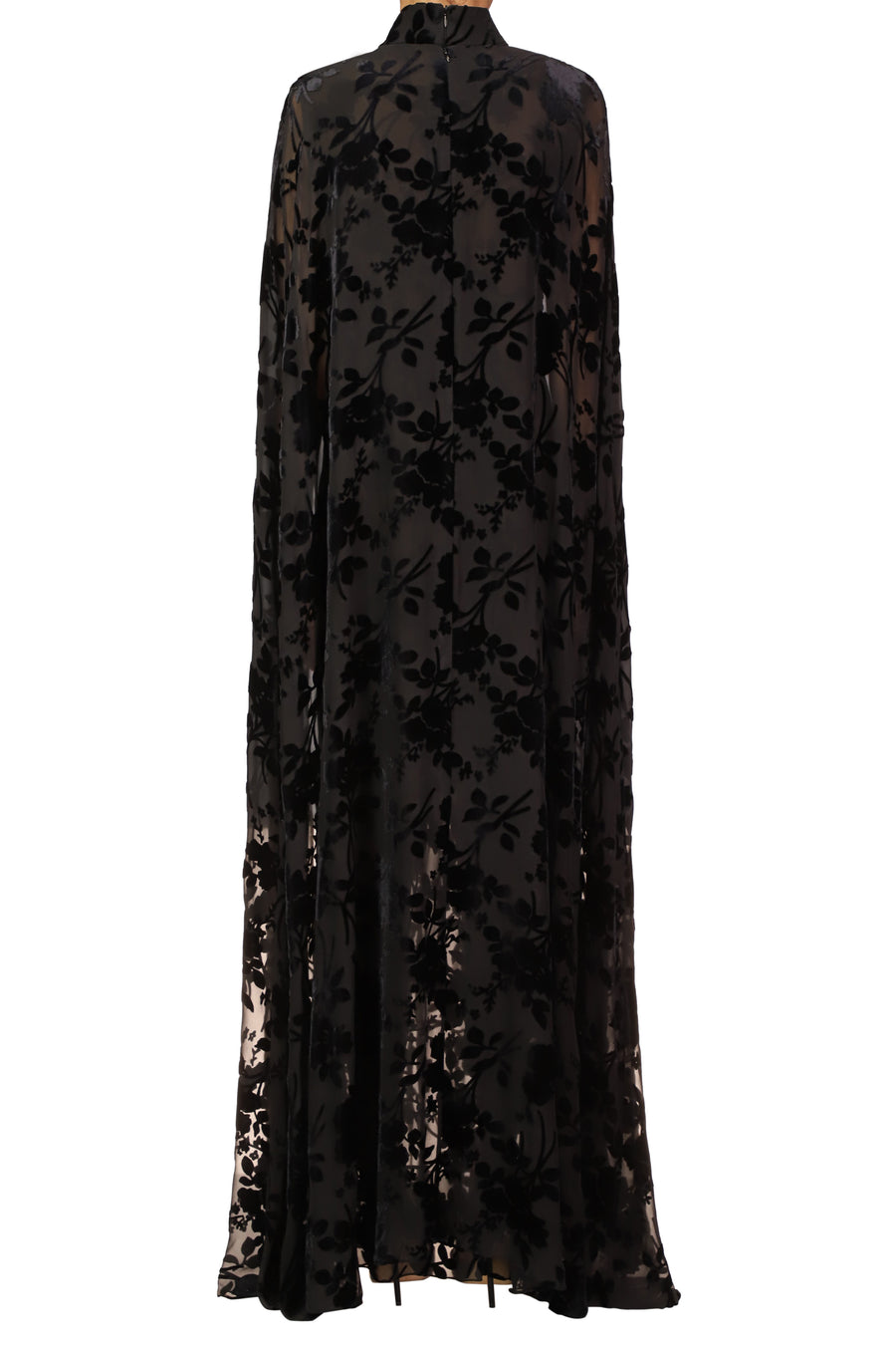 Black Burnout Velvet Cape Gown