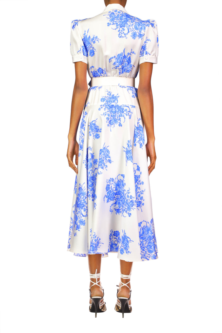White And Blue Floral Printed Silk Twill Collared Dress With Belt