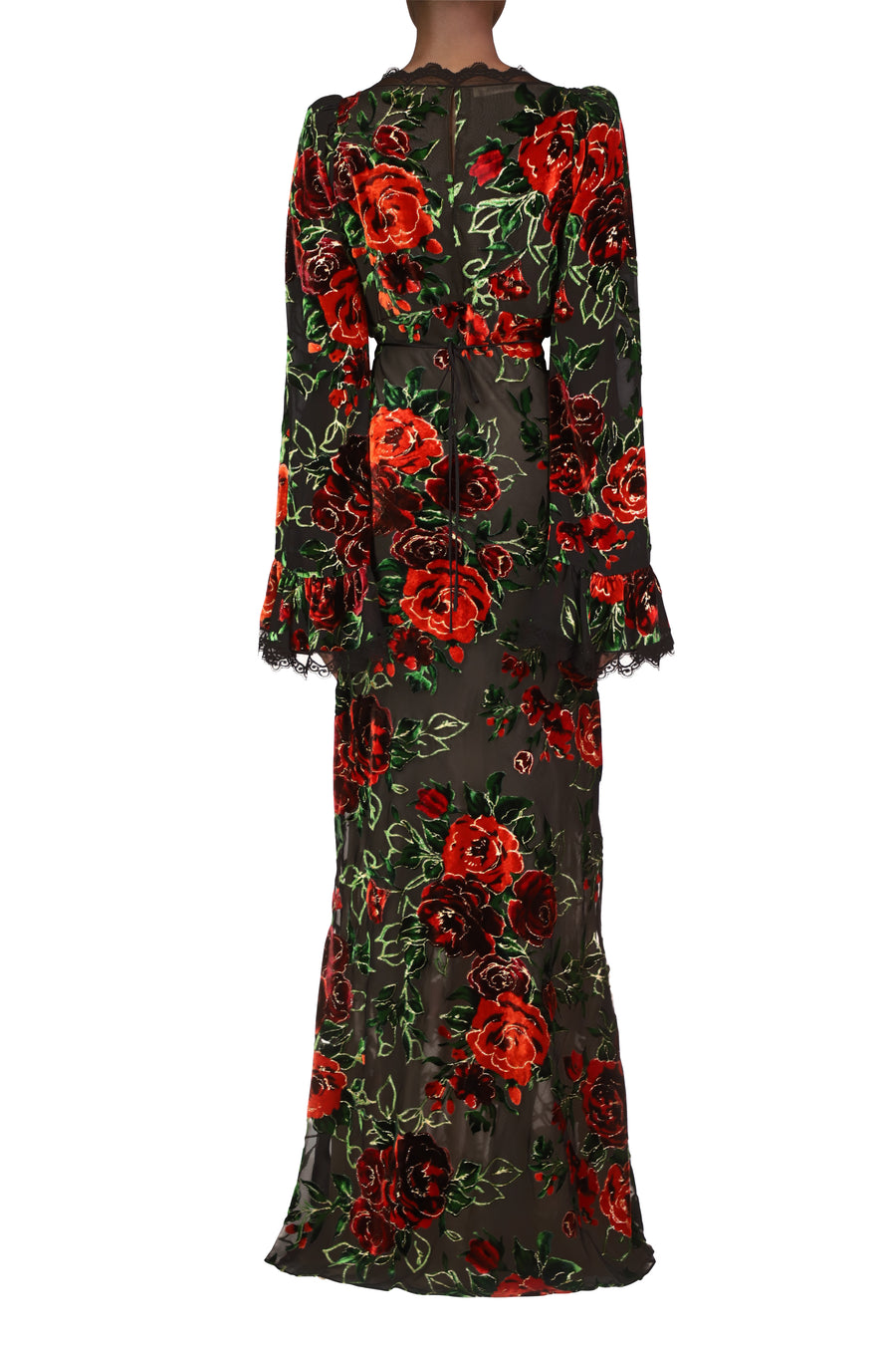 Floral Burnout Velvet Gown Dress With Bell Sleeves