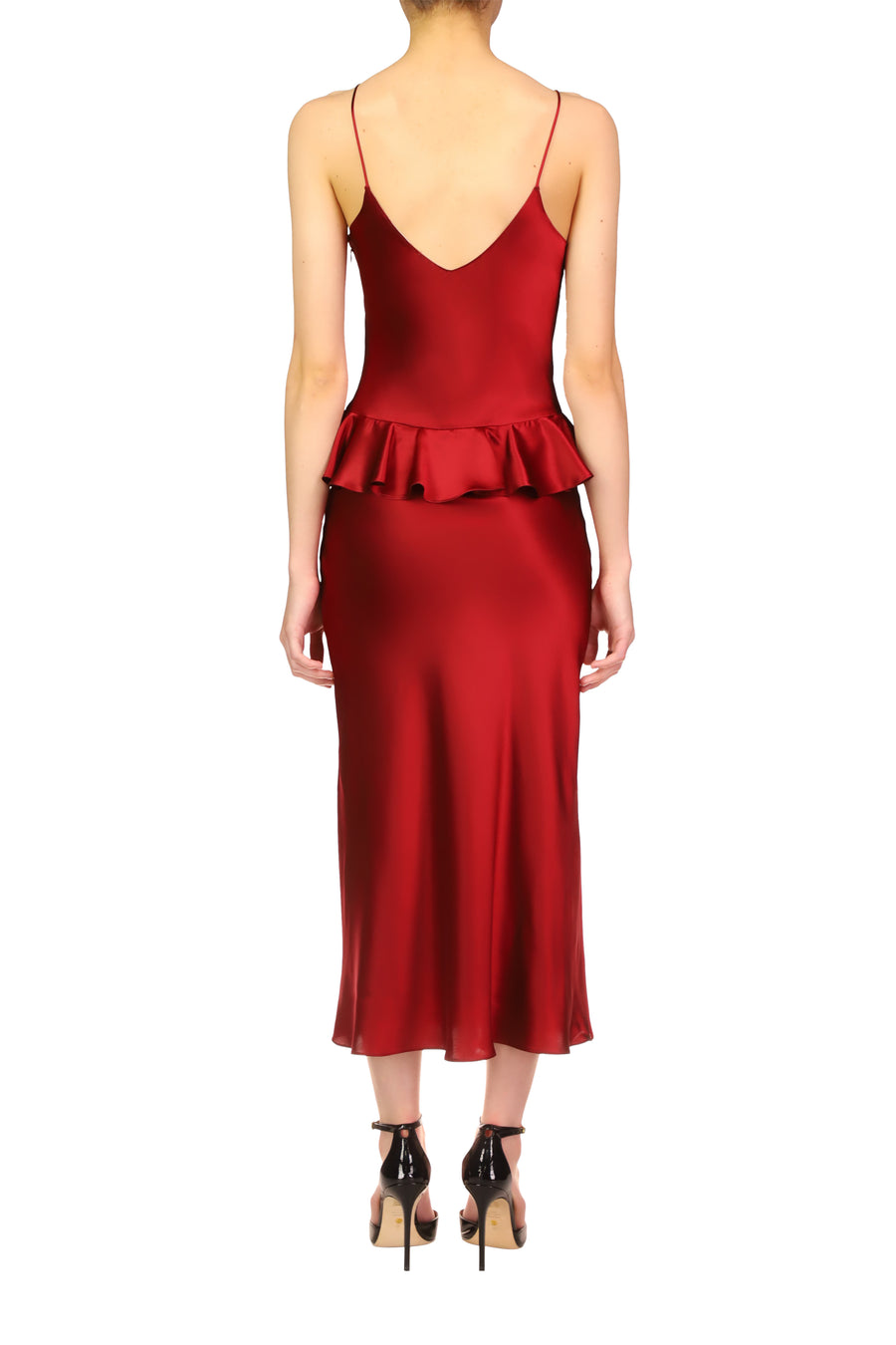 Red Silk Satin Bias Slip Dress With Peplum