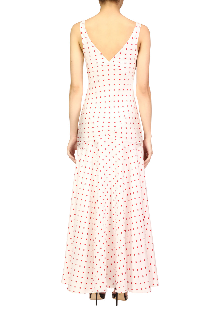 Red Polka Dot Silk Twill Bias Dress With Flower Detail