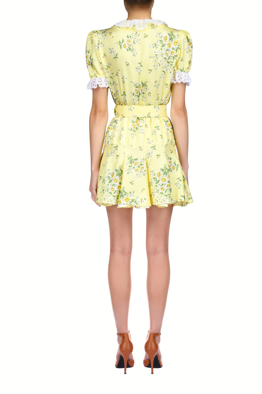 Yellow Daisy Silk Twill Mini Dress With Eyelet Ruffle Detail And Belt