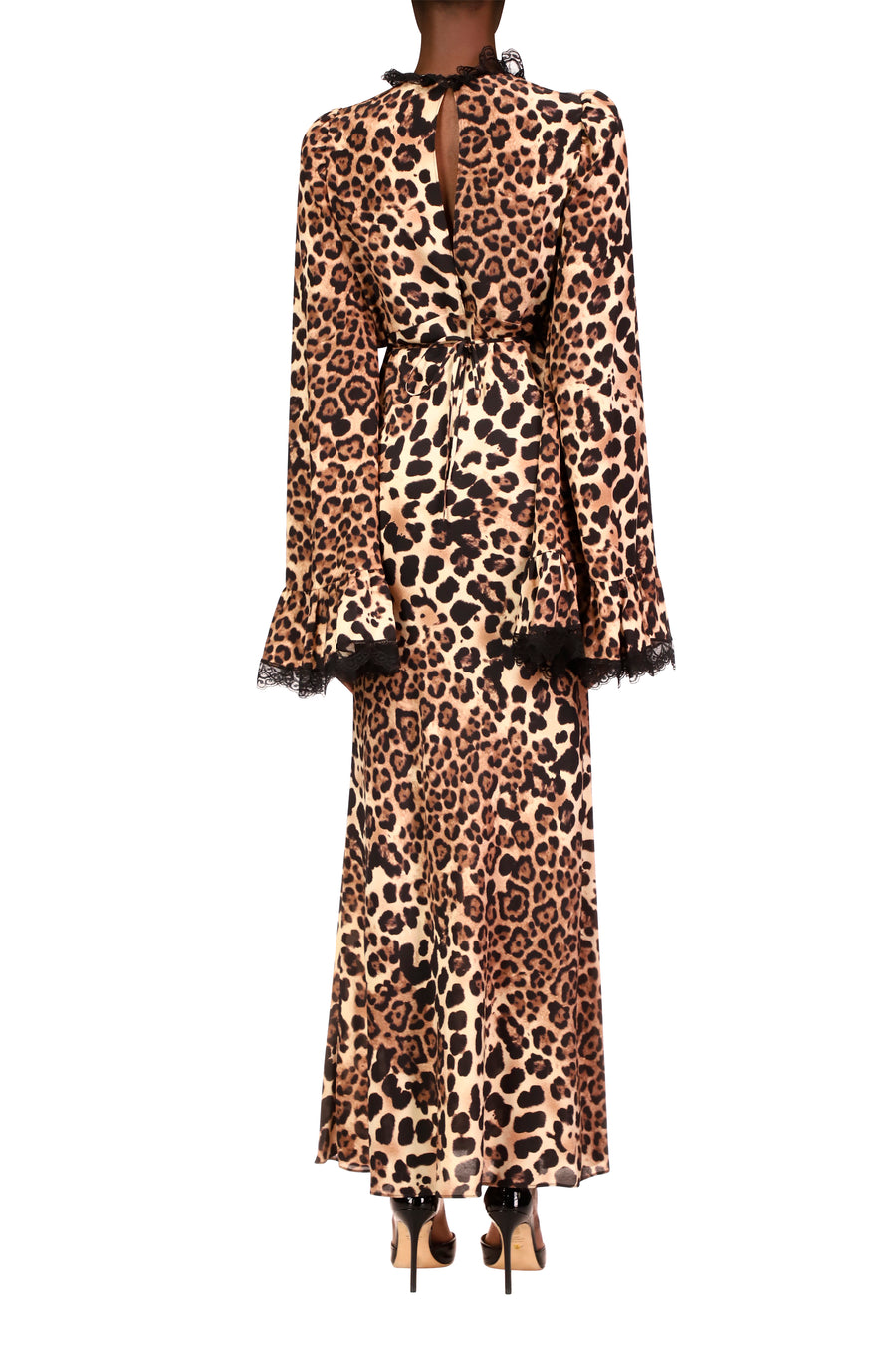 Leopard Printed Silk Bias Dress With Bell Sleeves