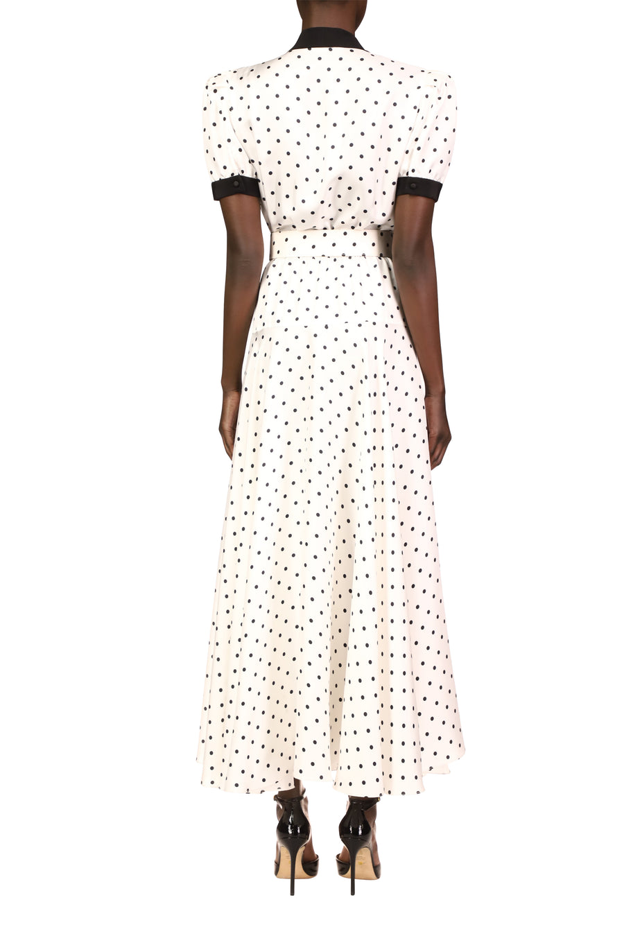 White and Black Polka Dot Silk Twill Collared Dress With Belt