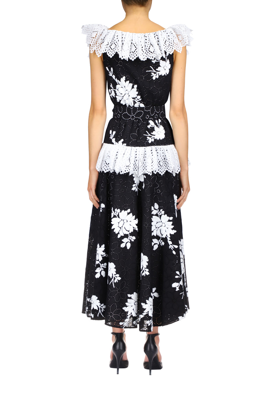 Black Cotton Eyelet Dress With Floral Sequins, Eyelet Ruffle Detail And Belt