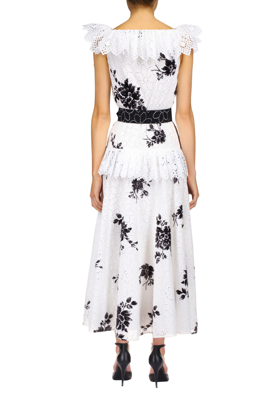 White Cotton Eyelet Dress With Floral Sequins, Eyelet Ruffle Detail And Belt