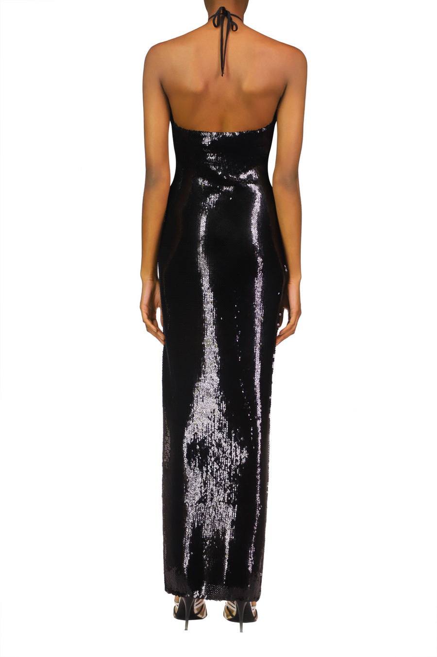 Black Sequin Halter Gown With Hand Beaded Floral Detail