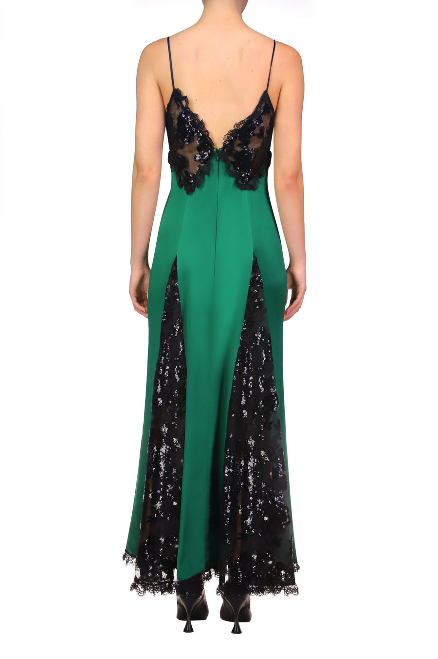 Green Silk Satin And Black Sequin Dress With Godet And Lace Ruffle