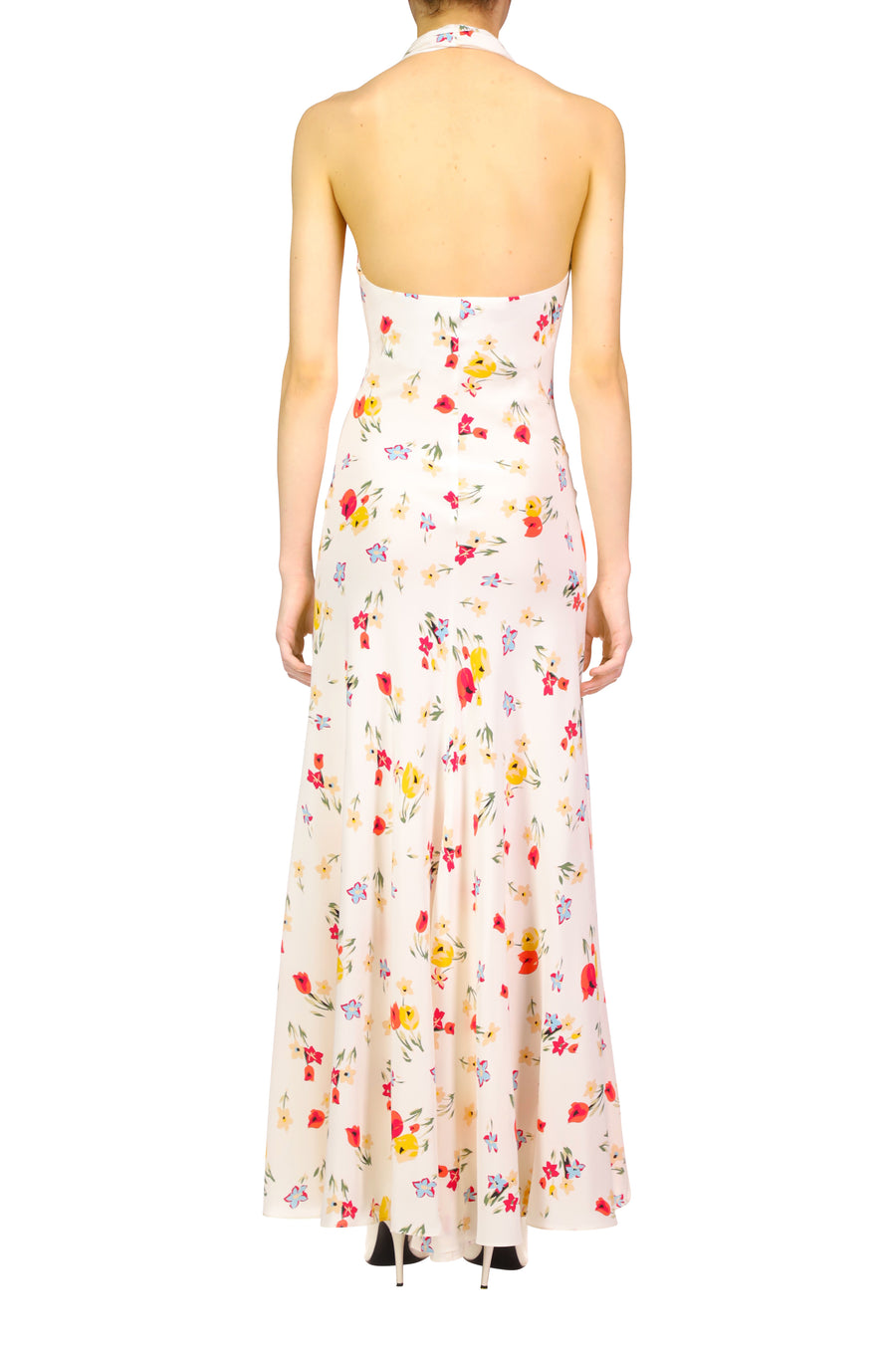 Floral Silk Satin Halter Dress With Silk Flower Pin