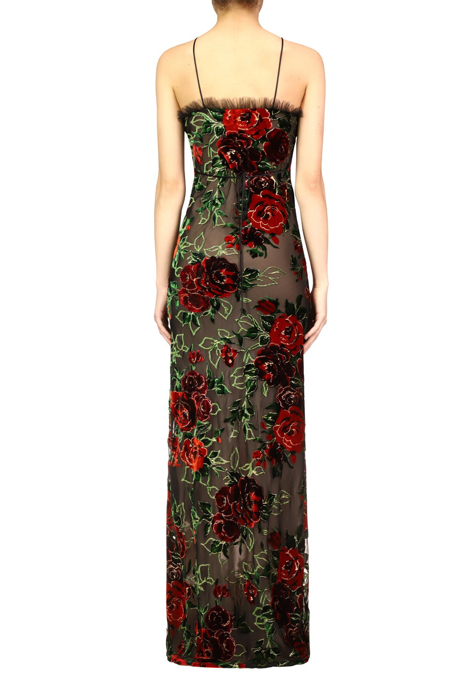 Floral Velvet Devoré Halter Gown With Tulle Detail