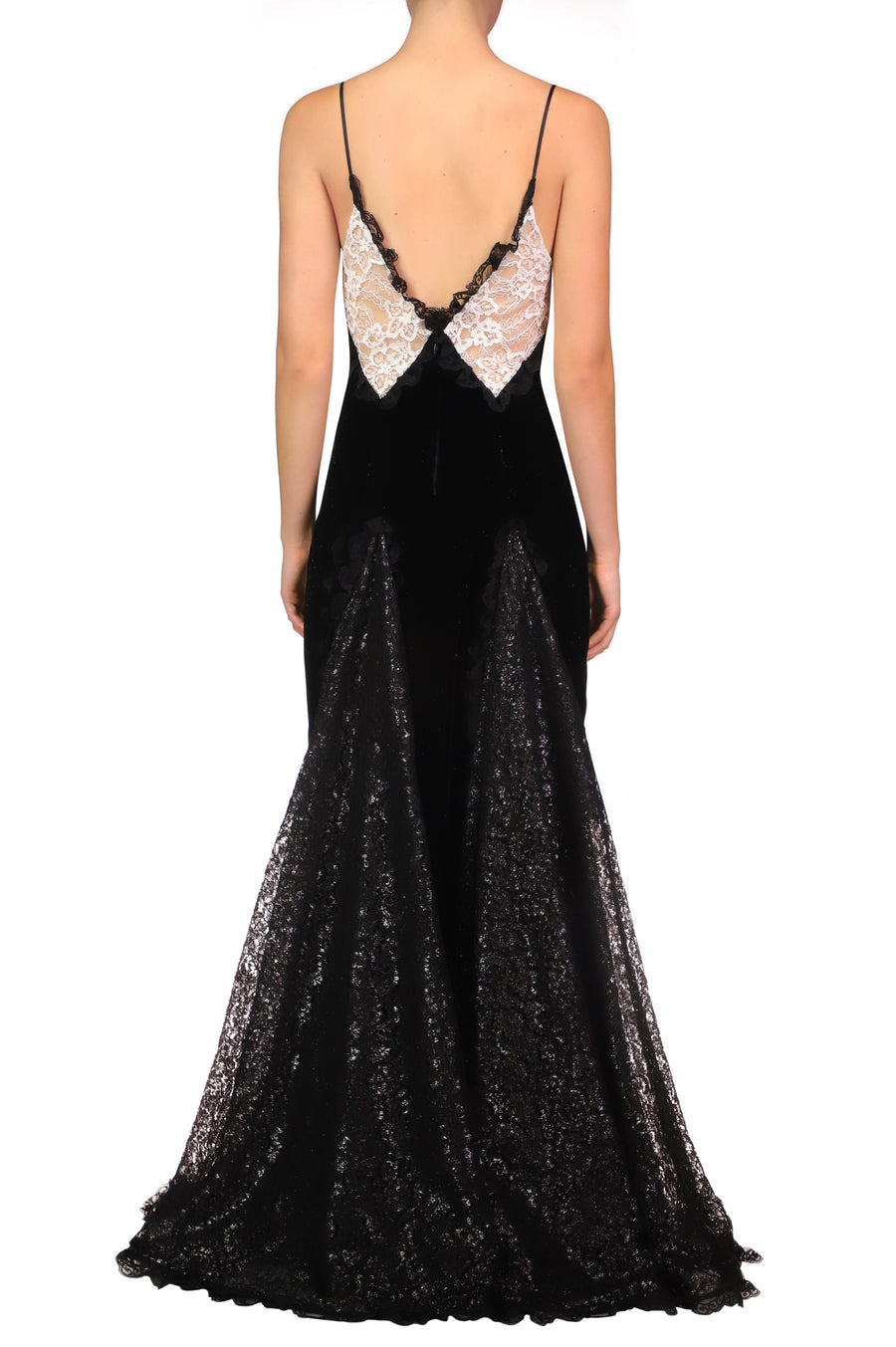 Metallic Black And White Lace And Velvet Gown With Lace Godets