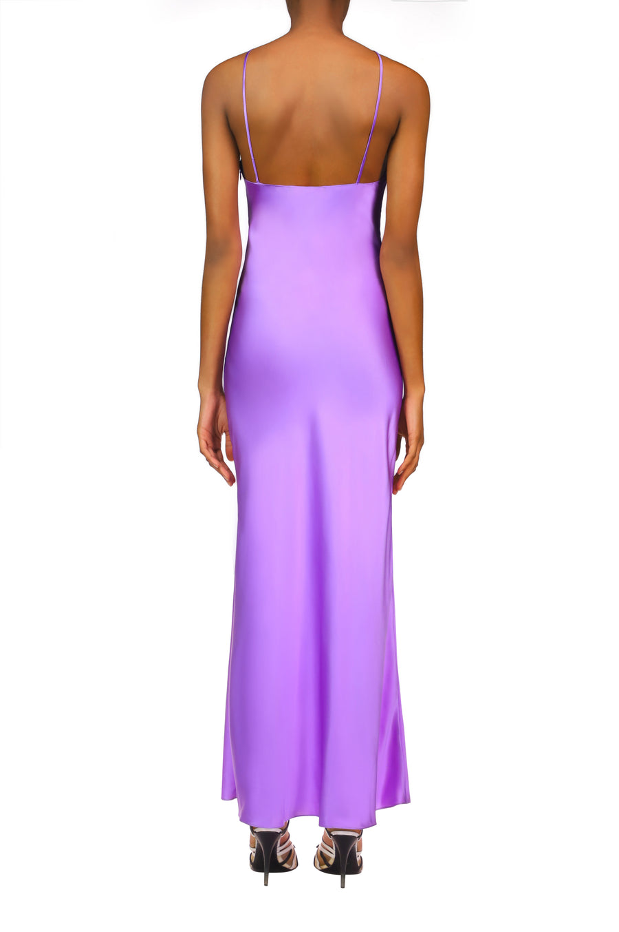 Purple Silk Satin Bias Dress With Ruched Bust And Silk Flower Detail