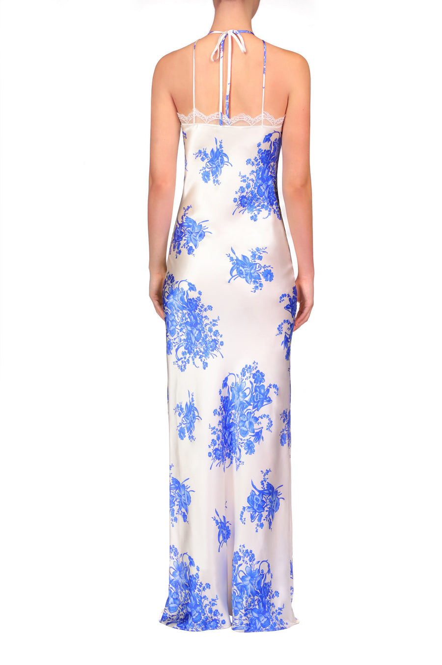 Blue And White Floral Printed Silk Bias Gown With Lace Details
