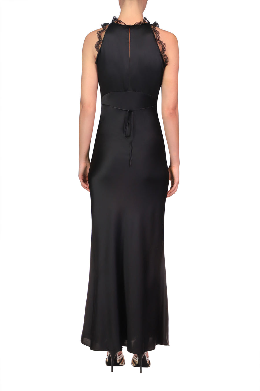 Black Silk Satin Bias Halter Dress With Lace And Ruffle Details