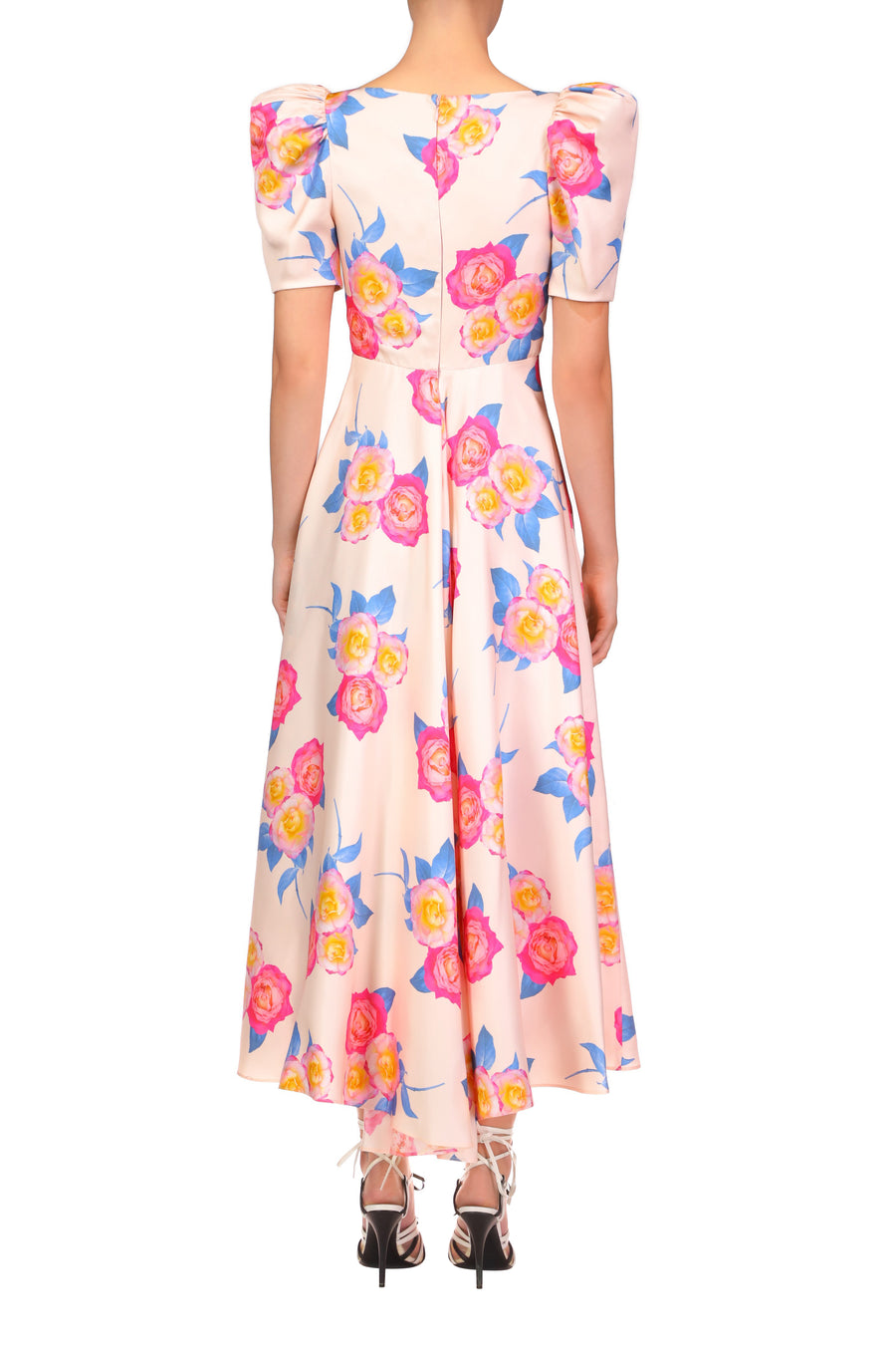 Pink And Blue Rose Printed Short Sleeve Dress With Silk Flower Detail