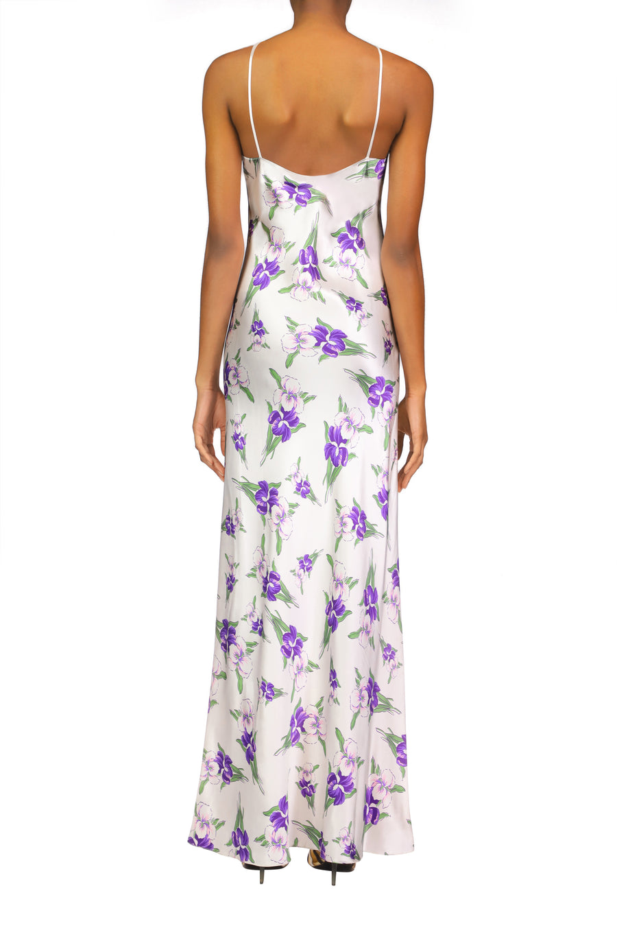 Purple Iris Printed Silk Halter Gown With Silk Flower Detail