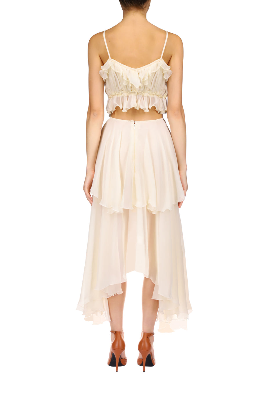 Cream Silk Chiffon Blouse and Tiered Skirt Ensemble