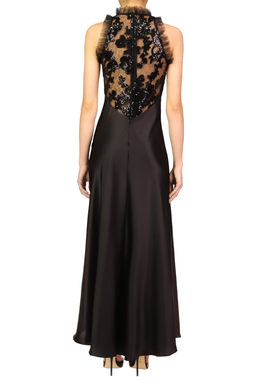 Black Silk Satin And Sequin Dress With Tulle Ruffle Detail