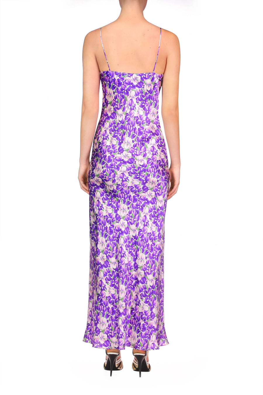 Purple Iris Printed Silk Satin Bias Dress With Ruched Bust And Black Lace Detail