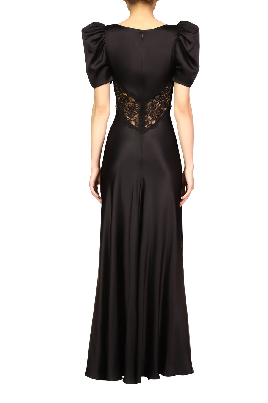 Black Silk Short Sleeve Gown With Black Lace Details