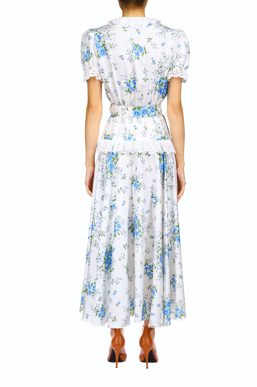 White And Blue Daisy Silk Twill  Dress With Eyelet Ruffle Detail And Belt