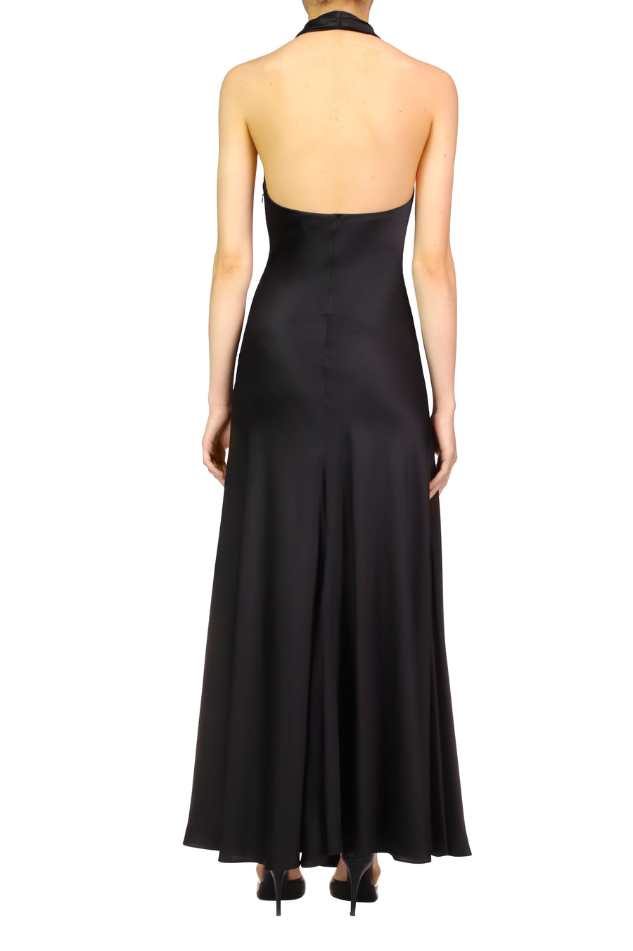 Black Silk Satin Halter Gown With Silk Flower Pin