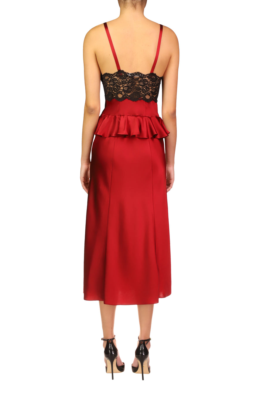 Red Silk Satin Slip Dress With Peplum And Black Lace Details