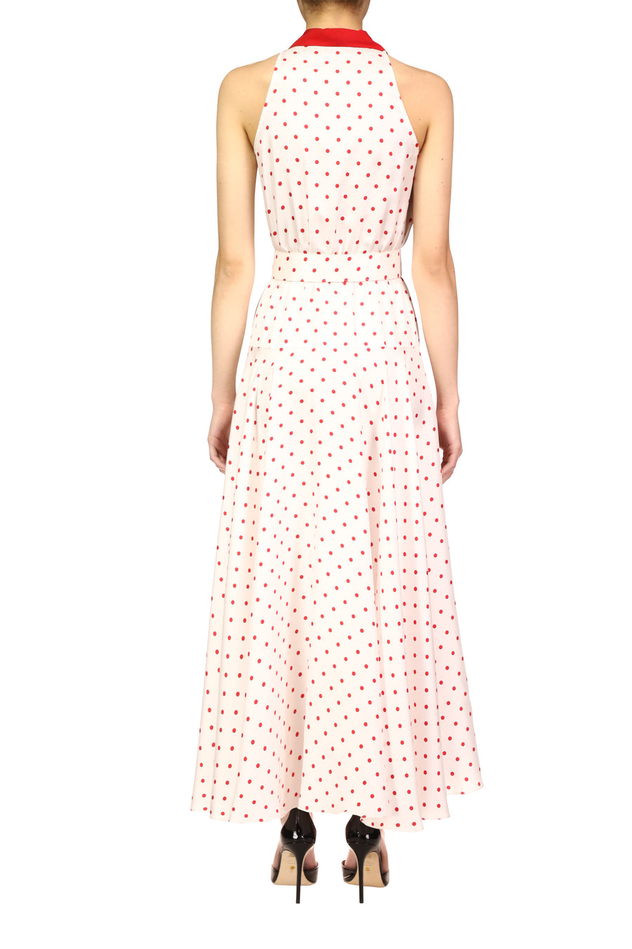 Polka Dot Silk Twill Collared Halter Dress With Belt Detail