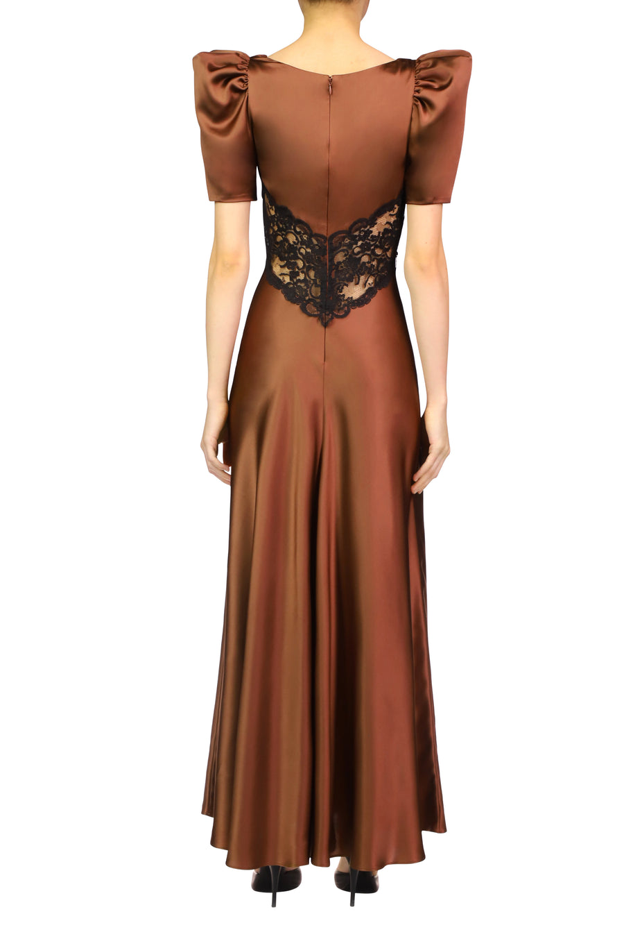 Brown Silk Satin Short Sleeve Dress With Black Lace Details