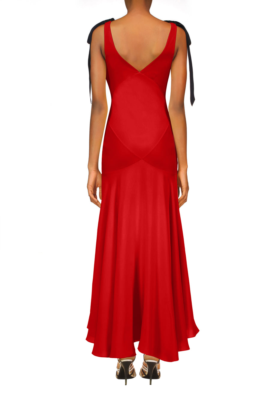 Red Silk Crepe Bias Dress With Black Velvet Ribbon Bow Detail