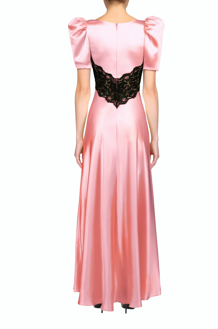 Pink Silk Satin Bias Dress With Black Lace Bodice Detail