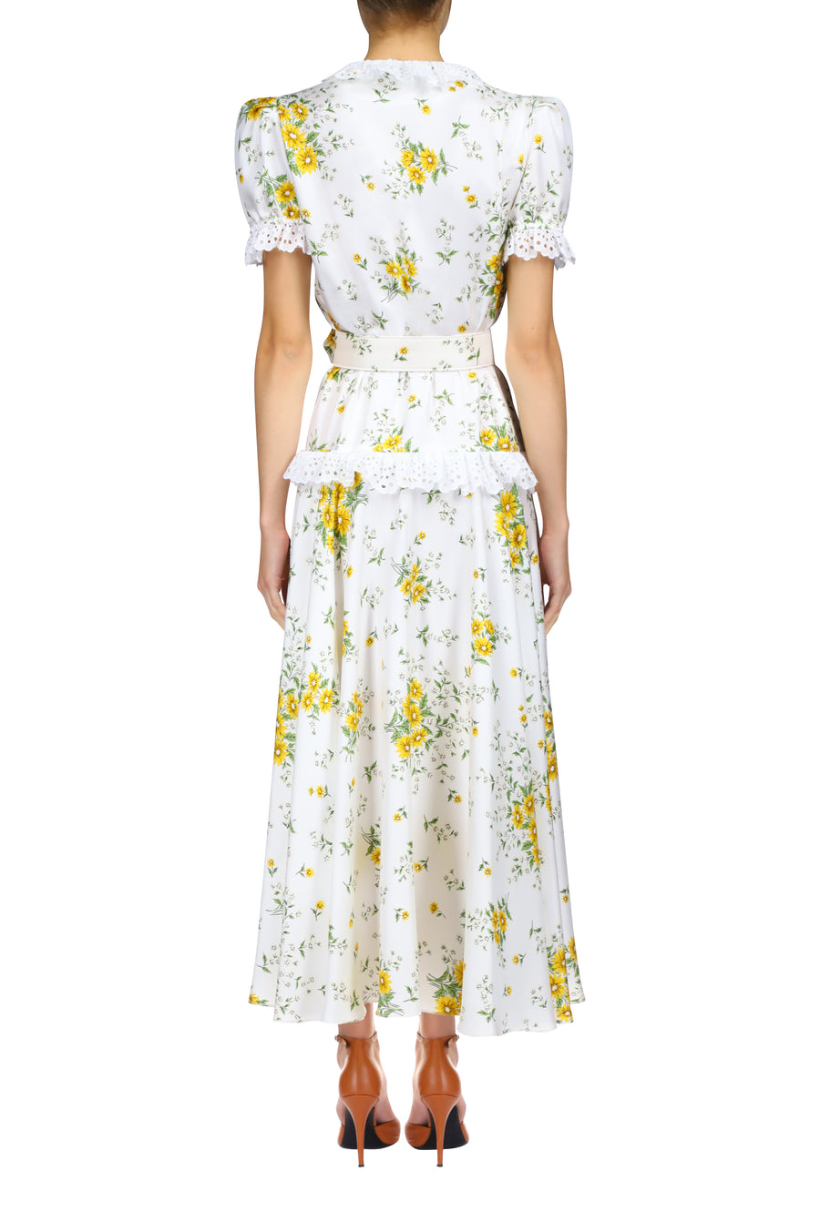 White And Yellow Daisy Silk Twill Dress With Eyelet Ruffle Detail And Belt