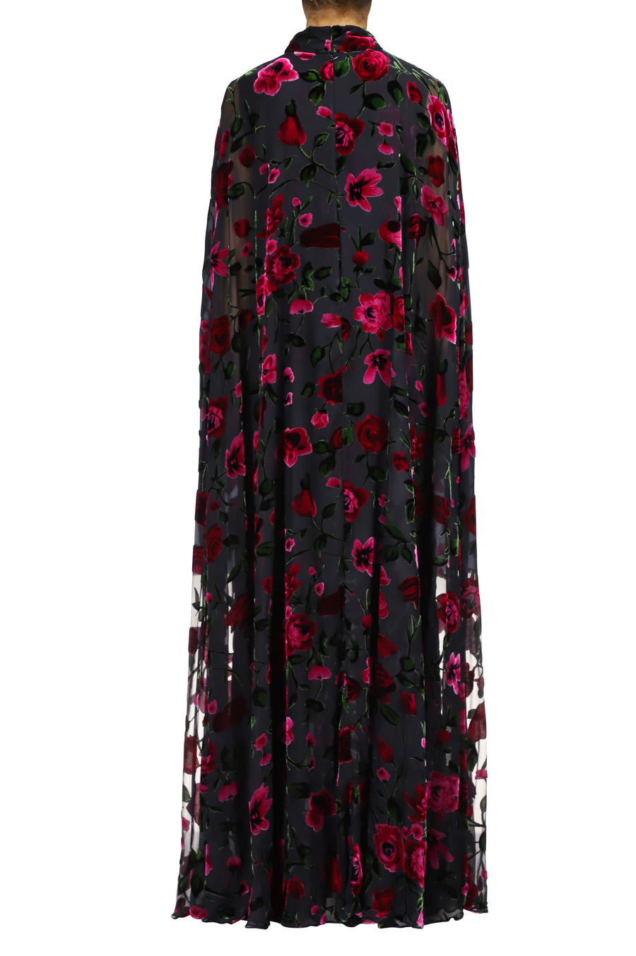 Black and Pink Floral Velvet Devoré Cape Gown