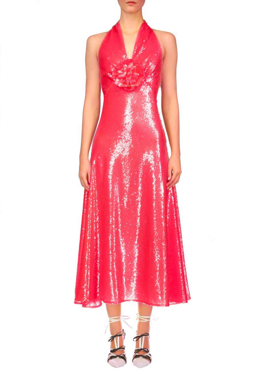 Pink Sequin Halter Bias Dress With Flower Detail