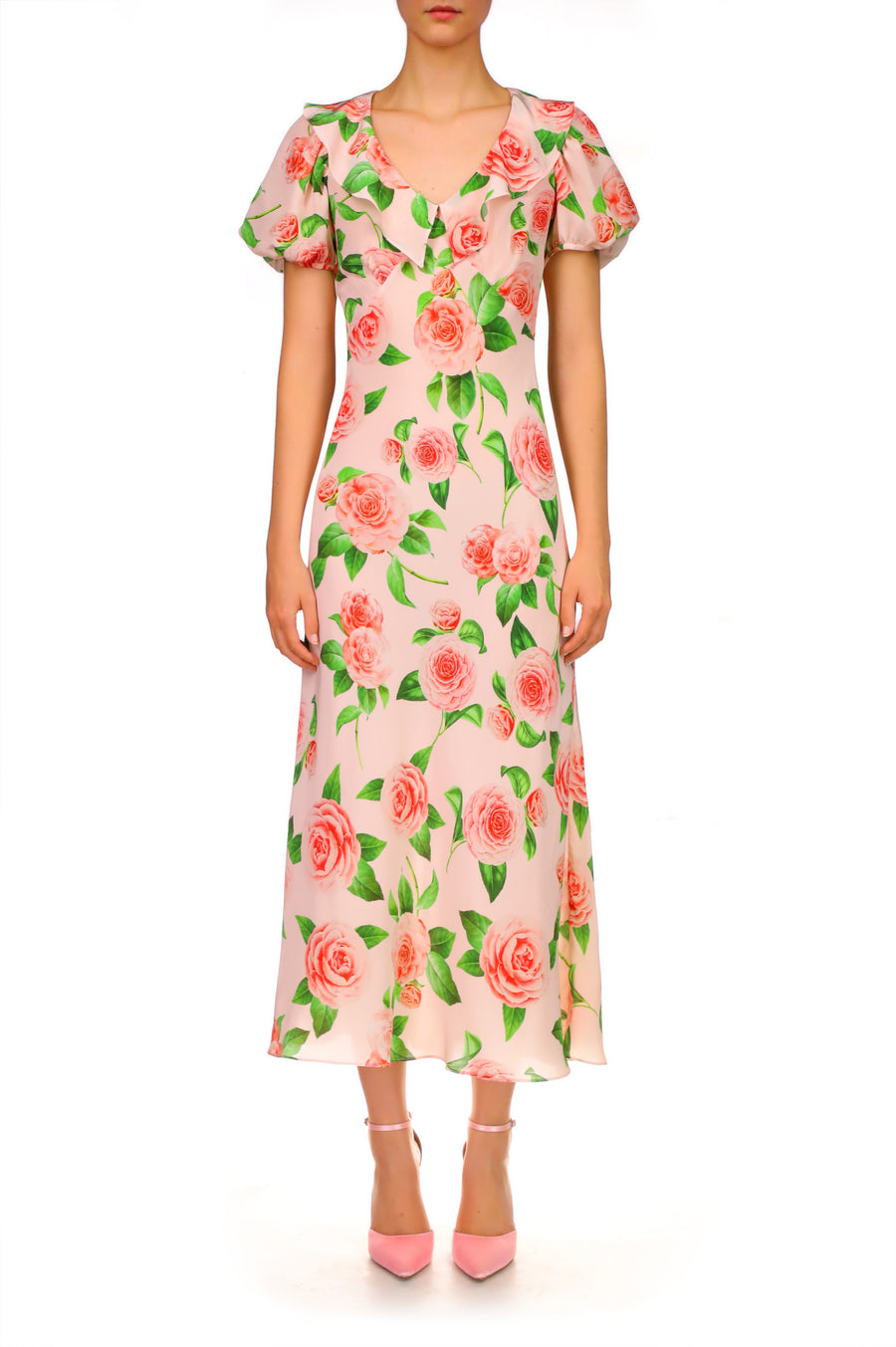 Camellia Printed Silk Bias Dress With Ruffle Details