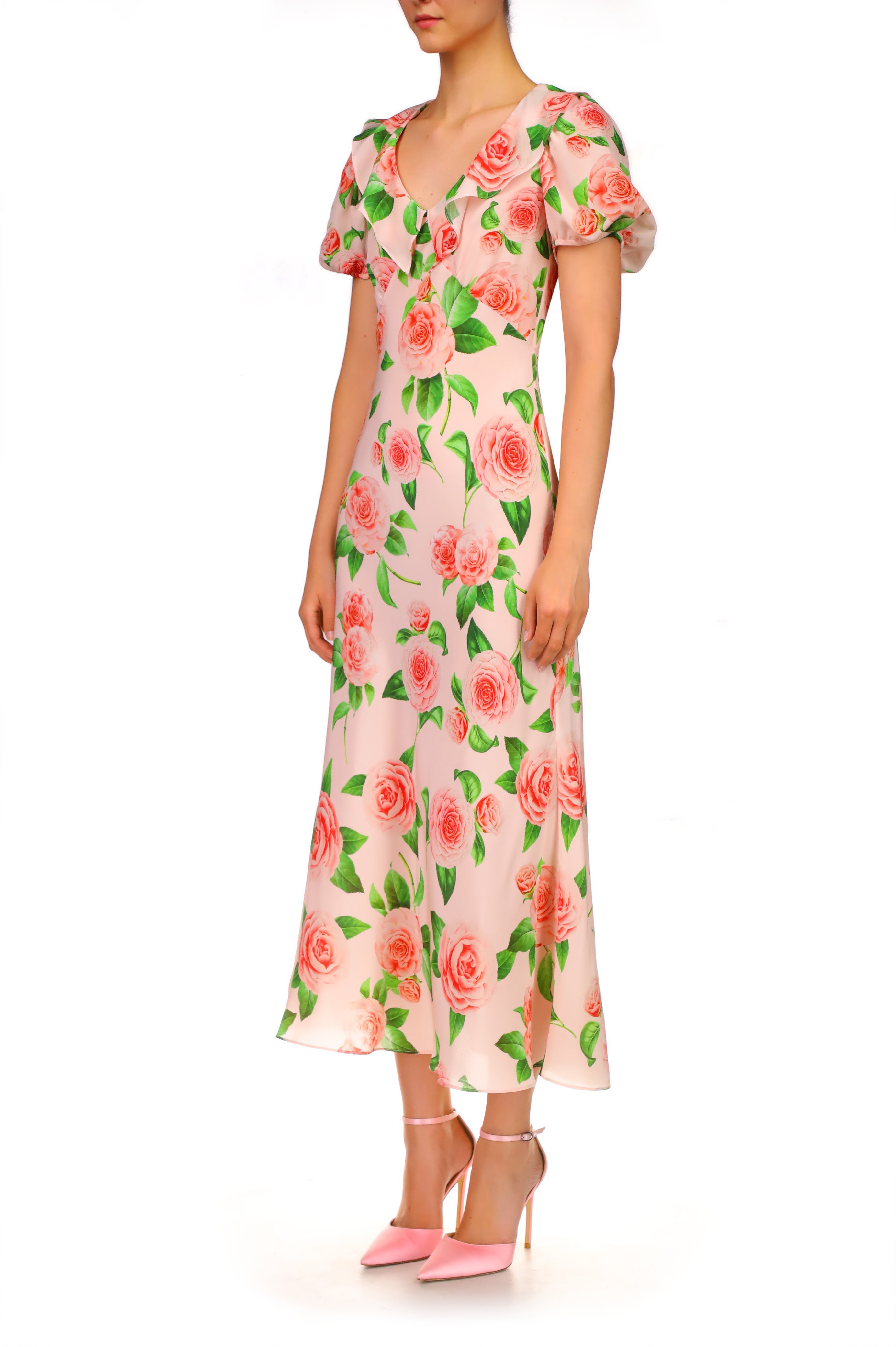 Camellia Printed Silk Bias Dress With Ruffle Details – Rodarte