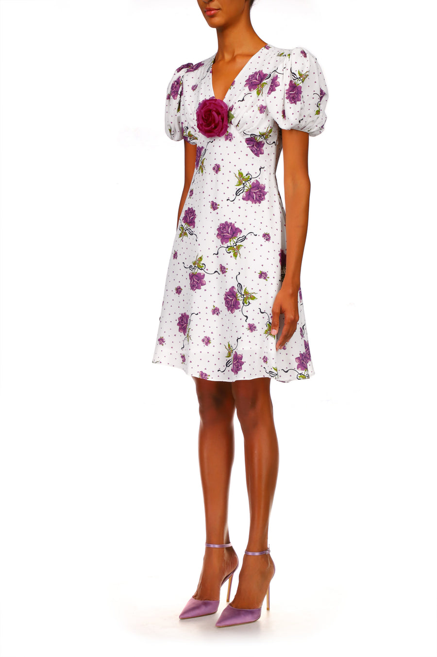 Purple Rose Printed Silk Short Sleeve Mini Dress With Silk Flower