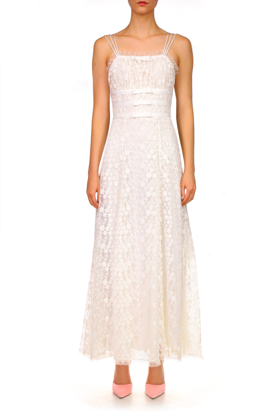 White Daisy Lace Dress With Tulle Ruffle And Ribbon Details – Rodarte