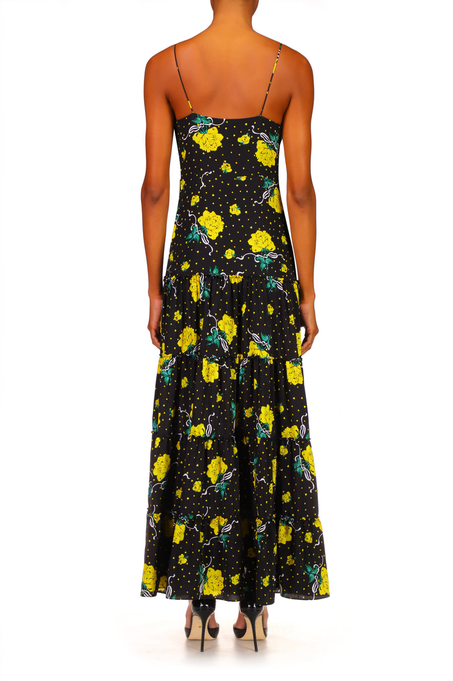 Yellow Rose Printed Silk Tiered Dress With Silk Flower