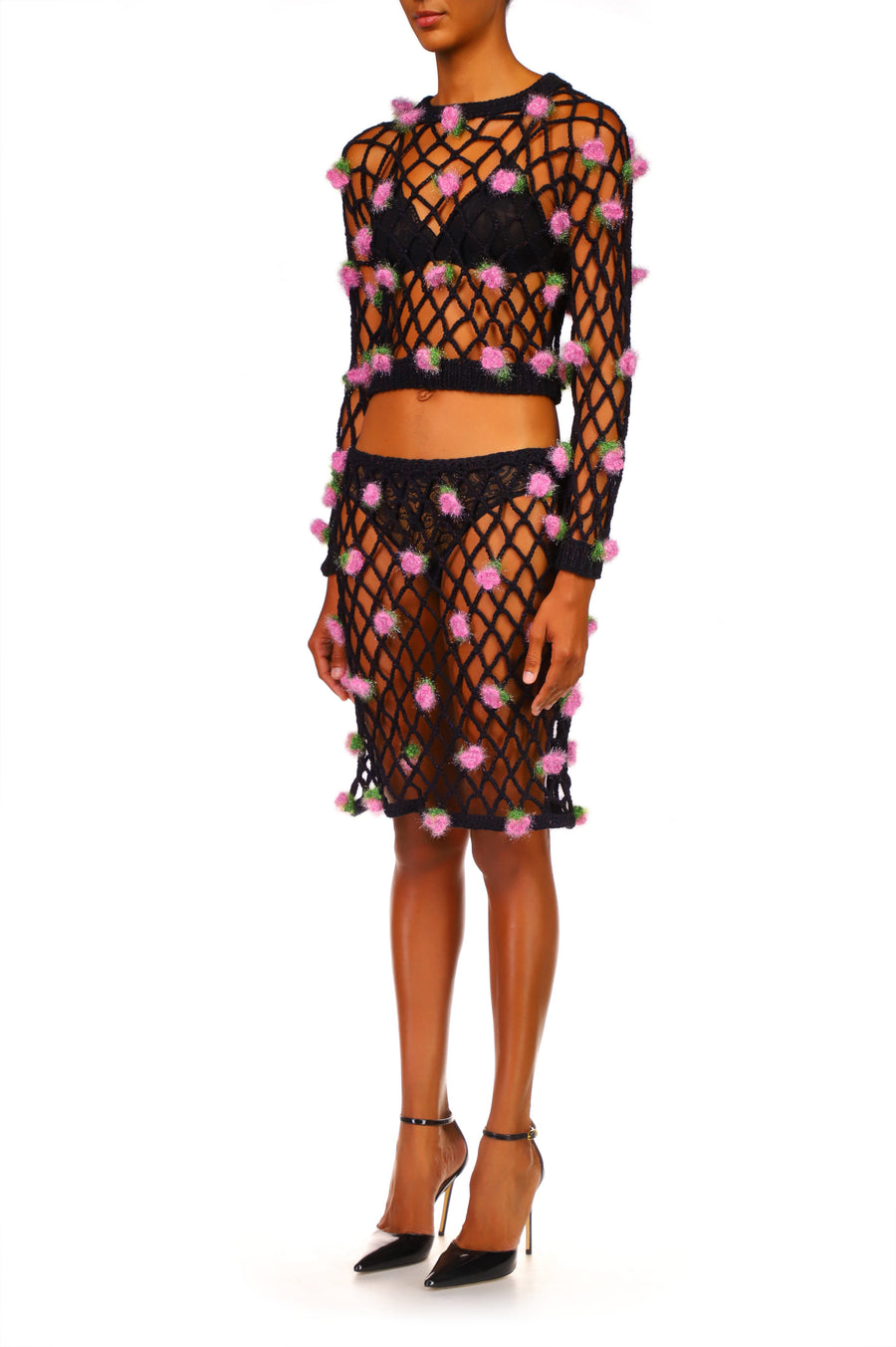 Black Hand Crochet Mini Skirt With Pink Flowers