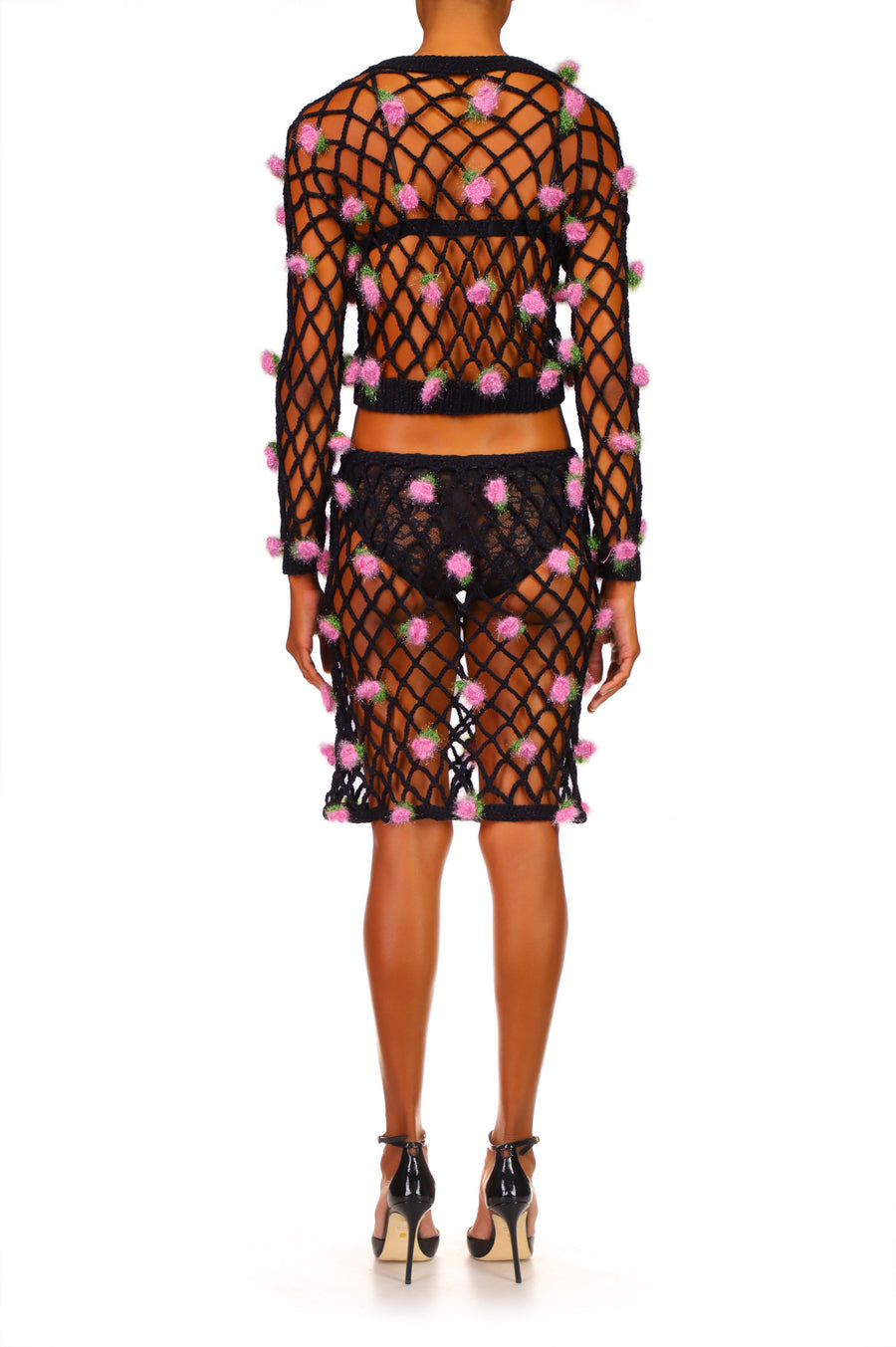Black Hand Crochet Mini Skirt With Pink Flowers