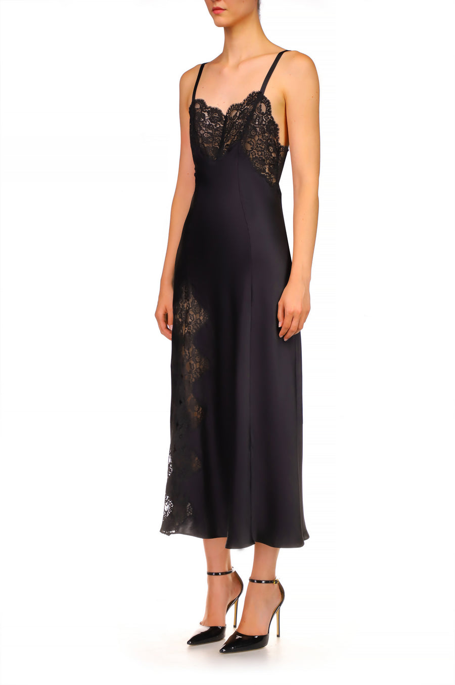 Black Silk Satin And Lace Bias Slip Dress