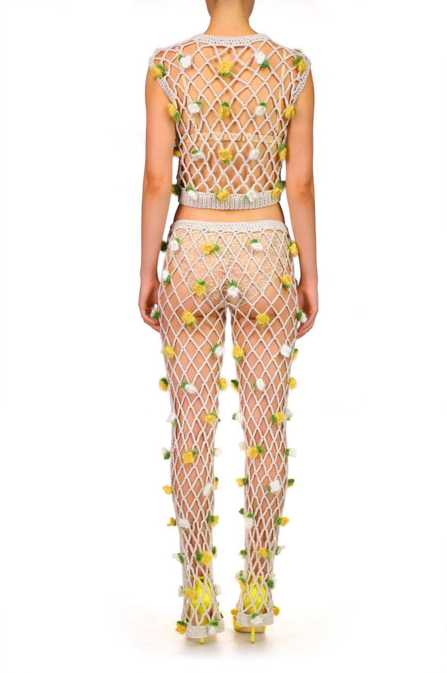 Hand Crochet Pants With White And Yellow Flowers
