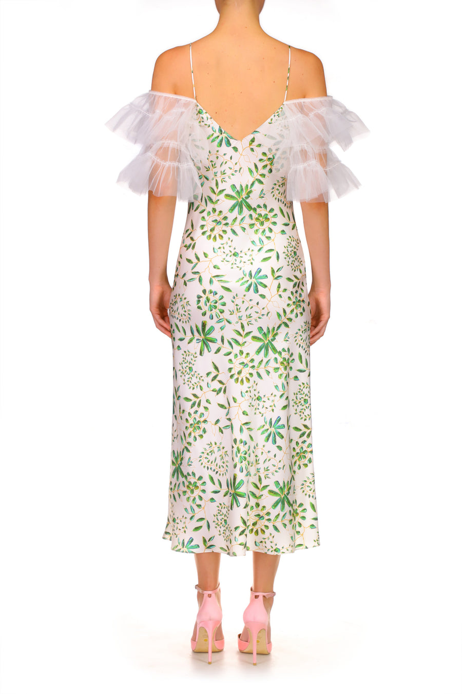 Green and White Printed Silk Bias Slip Dress With Ruffle Sleeves And Silk Flower