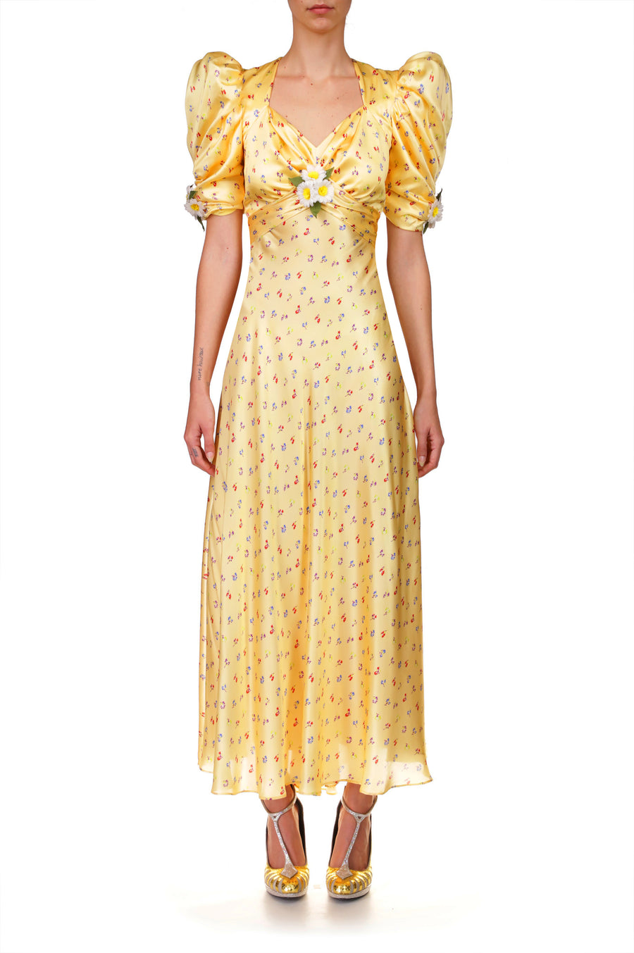 Yellow Floral Silk Dress With Silk Daisies