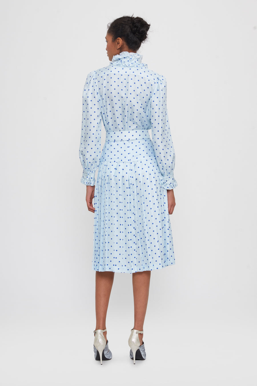 Belted Pleated Polka Dot Silk Skirt